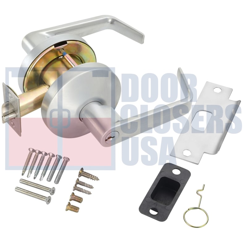 Falcon Grade 2 Commercial Storeroom Door Lock, 3-1/2 in. Rose Trim, Key Cylinder On Outside, Plain Lever On Inside, Falcon G Keyway, 626 Satin Chrome Finish