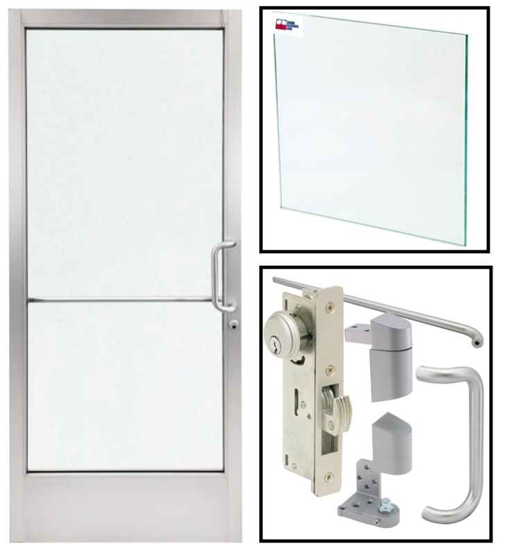 Right Hand Storefront Glass Door Replacement, 35-3/4 in. x 95-3/16 in. x 1-3/4 in., For Offset Pivots (Must Prep Your Own), Deadbolt, Outside 10 in. Pull Handle, Inside Push Bar, Clear Anodized Finish, Glass Not Included