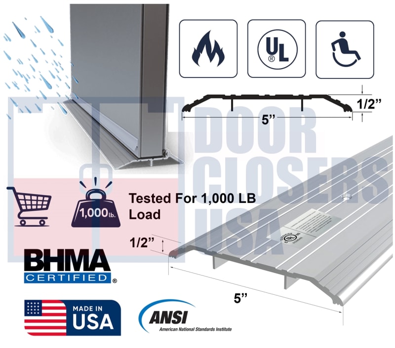 Commercial Door 96 in. Length Saddle Threshold Sill, 5 in. Wide x 1/2 in. Height, With Pre-Drilled Holes, Mill Finish Commercial Door 96 in. Length Saddle Threshold Sill, 5 in. Wide x 1/2 in. Height, With Pre-Drilled Holes, Mill Finish