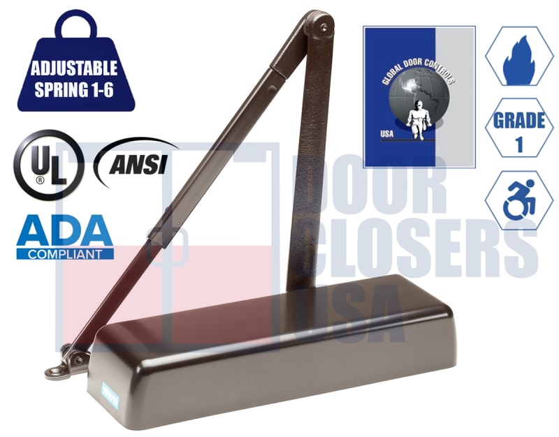 Global Door Controls 5 in. x 2-1/4 in. Commercial Door Closer, Close Speed, Latch Speed, and Backcheck Speed, Adjustable Spring Size 1-6, Dark Bronze Finish