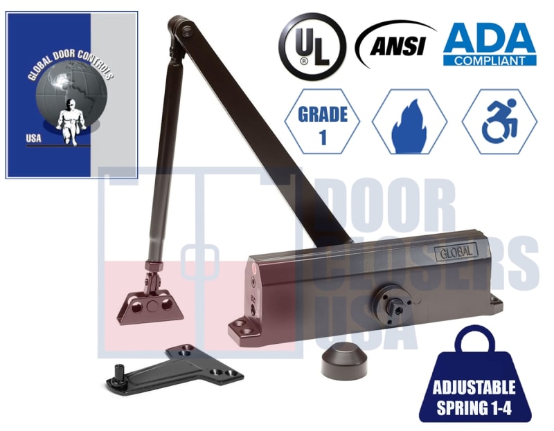Global Door Controls 9-1/16 in. x 3/4 in. Commercial Door Closer With Adjustable Spring Size 1-4, Closing and Latch Speed Adjustment, and Backcheck Feature, Dark Bronze Finish