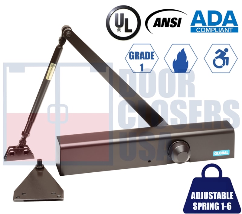 Global Door Controls TC411 Series Door Closer - Adjustable Size 1-6 Grade 1 UL10C ADA Aluminum Alloy Body Narrow Cover Aluminum Finish (AL)