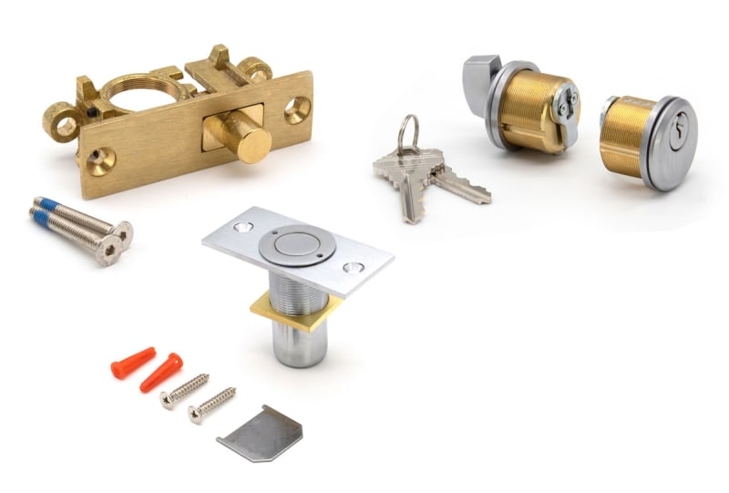 Frameless Glass Door Bottom Rail Lock Kit With Standard 11/16 in. Throw, Outside Lock Cylinder, Inside Thumbturn, 2 Keys, and Dustproof Keeper, Satin Anodized Finish Frameless Glass Door Bottom Rail Lock Kit With Standard 11/16 in. Throw, Outside Lock Cylinder, Inside Thumbturn, 2 Keys, and Dustproof Keeper, Satin Anodized Finish