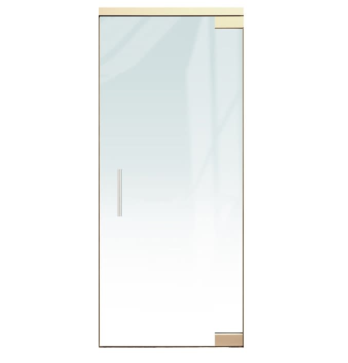 "A" Left Hand 36 in. x 84 in. Glass Door, 4 in. x 9-1/2 in. Square Patch Corners Accepts 1/2 in. Glass (Glass Not Included), 1-3/4 in. x 4 in. Frame Head, Concealed Closer, 12 in. Handles, No Lock, Polished Brass Finish