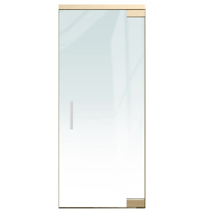 "A" Left Hand 36 in. x 84 in. Glass Door, 4 in. x 9-1/2 in. Square Patch Corners Accepts 1/2 in. Glass (Glass Not Included), 1-3/4 in. x 4 in. Frame Head, Concealed Closer, 12 in. Handles, No Lock, Satin Brass Finish