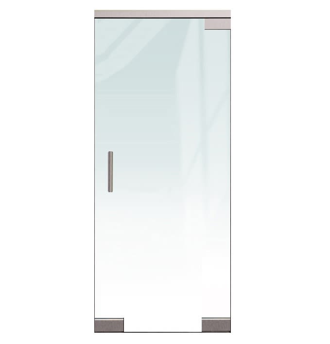 "F" Left Hand 36 in. x 84 in. Glass Door, 4 in. x 9-1/2 in. Square Patch Corners Accepts 1/2 in. Glass (Glass Not Included), 1-3/4 in. x 4 in. Frame Head, Concealed Closer, 12 in. Handles, and Lock, Satin Anodized Finish