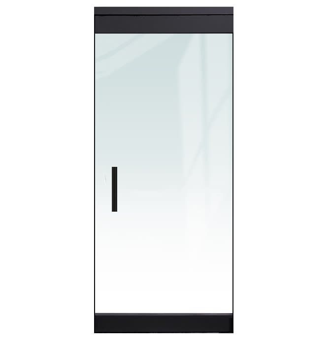 "P" Left Hand 36 in. x 84 in. Glass Door, 4 in. Tapered Door Rails, Accepts 1/2 in. Glass (Glass Not Included), 1-3/4 in. x 4 in. Frame Head, Concealed Closer, 12 in. Handles, and Lock, Matte Black Finish
