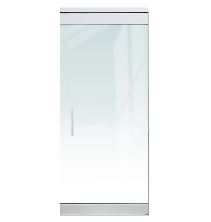 "P" Left Hand 36 in. x 84 in. Glass Door, 4 in. Tapered Door Rails, Accepts 1/2 in. Glass (Glass Not Included), 1-3/4 in. x 4 in. Frame Head, Concealed Closer, 12 in. Handles, and Lock, Polished Stainless Steel Finish