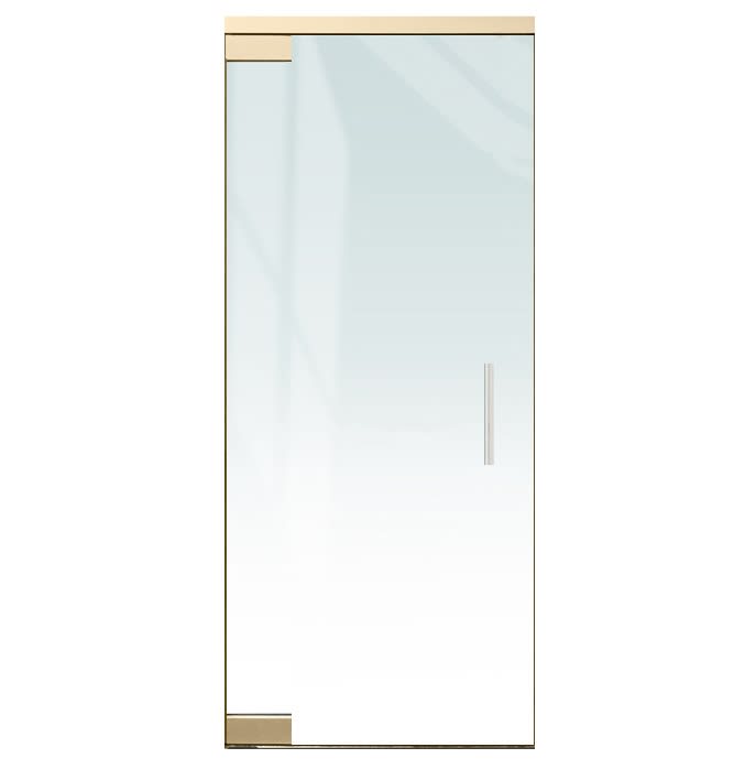 "A" Right Hand 36 in. x 84 in. Glass Door, 4 in. x 9-1/2 in. Square Patch Corners Accepts 1/2 in. Glass (Glass Not Included), 1-3/4 in. x 4 in. Frame Head, Concealed Closer, 12 in. Handles, No Lock, Satin Brass Finish