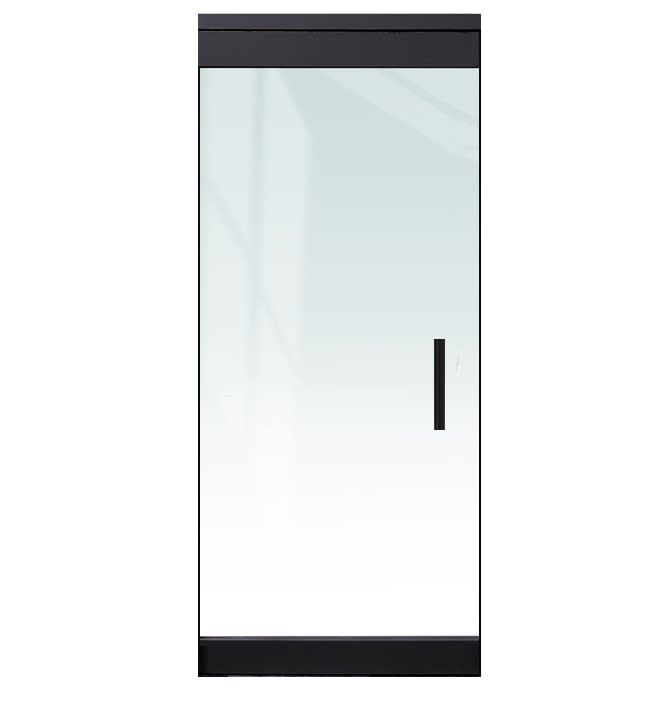 "P" Right Hand 36 in. x 84 in. Glass Door, 4 in. Tapered Door Rails, Accepts 1/2 in. Glass (Glass Not Included), 1-3/4 in. x 4 in. Frame Head, Concealed Closer, 12 in. Handles, and Lock, Matte Black Finish