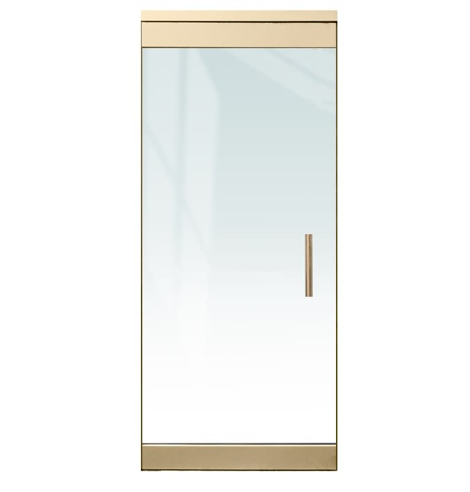 "P" Right Hand 36 in. x 84 in. Glass Door, 4 in. Tapered Door Rails, Accepts 1/2 in. Glass (Glass Not Included), 1-3/4 in. x 4 in. Frame Head, Concealed Closer, 12 in. Handles, and Lock, Satin Brass Finish