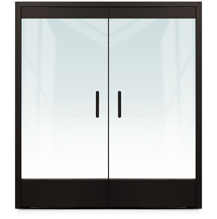 Exterior 72 in. x 84 in. All Glass Double Door With Frame and Jambs, Accepts 1/2 in. Glass (Glass Not Included), 10 in. ADA Bottom Rails, Concealed Closers, 12 in. Handles, Threshold, and Locks, Dark Bronze Anodized Finish