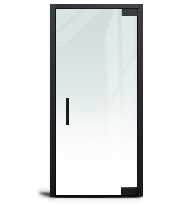 "A" Left Hand 36 in. x 84 in. Glass Door, 4 in. x 9-1/2 in. Square Patch Corners Accepts 1/2 in. Glass (Glass Not Included), 1-3/4 in. x 4 in. Frame With Jambs, Concealed Closer, 12 in. Handles, No Lock, Matte Black Finish