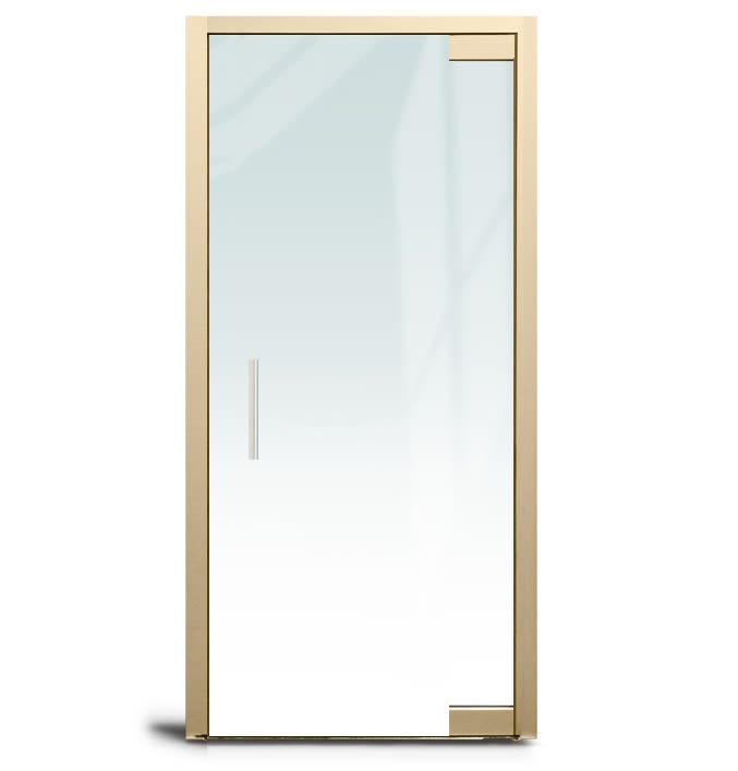 Herc-Lite Herculite "A" Left Hand 36 in. x 84 in. Glass Door, 4 in. x 9-1/2 in. Square Patch Corners Accepts 1/2 in. Glass (Glass Not Included), 1-3/4 in. x 4 in. Frame With Jambs, Concealed Closer, 12 in. Handles, No Lock, Polished Brass Finish