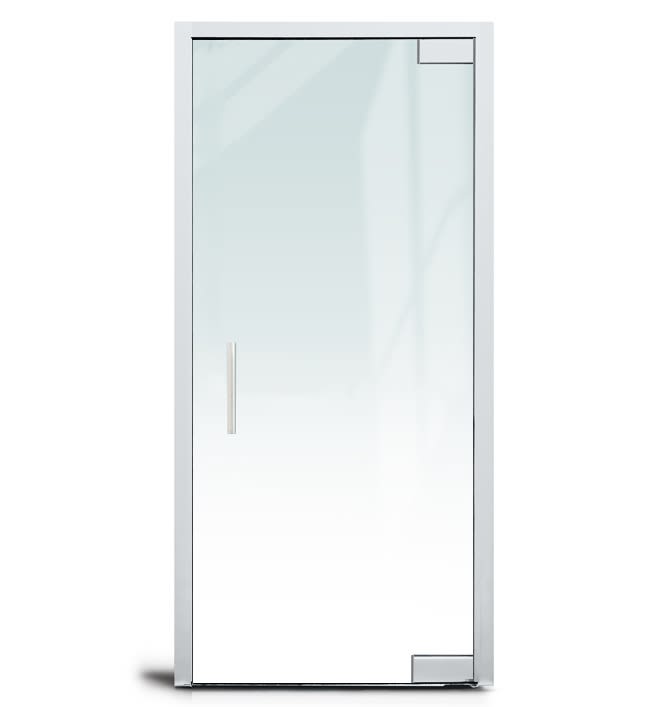 "A" Left Hand 36 in. x 84 in. Glass Door, 4 in. x 9-1/2 in. Square Patch Corners Accepts 1/2 in. Glass (Glass Not Included), 1-3/4 in. x 4 in. Frame With Jambs, Concealed Closer, 12 in. Handles, No Lock, Polished Stainless Steel