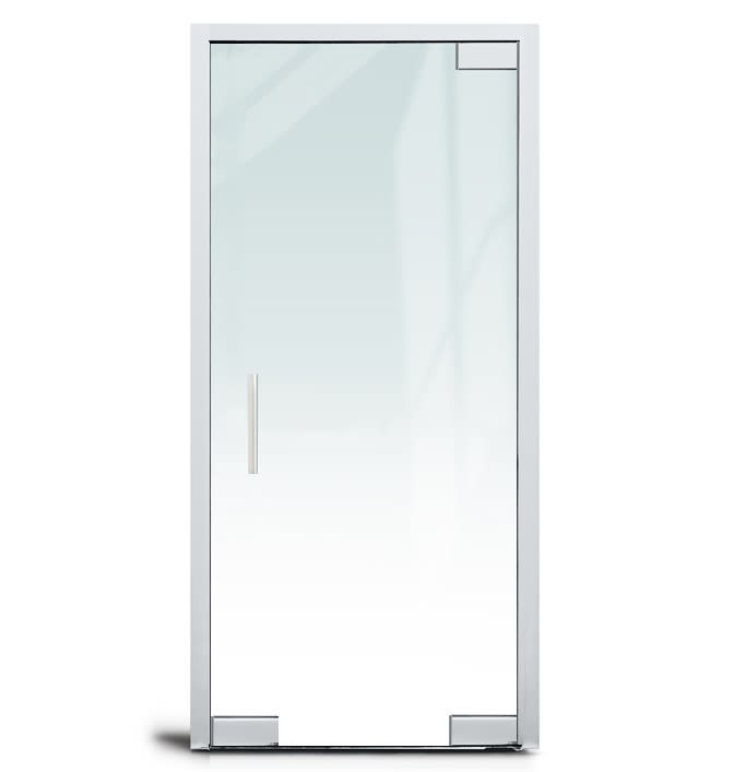 Herc-Lite Herculite "F" Left Hand 36 in. x 84 in. Glass Door, 4 in. x 9-1/2 in. Square Patch Corners Accepts 1/2 in. Glass (Glass Not Included), 1-3/4 in. x 4 in. Frame With Jambs, Concealed Closer, 12 in. Handles, and Lock, Polished Stainless Steel