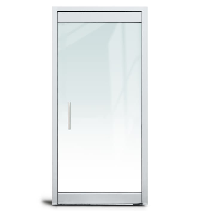 "P" Left Hand 36 in. x 84 in. Glass Door, 4 in. Tapered Door Rails, Accepts 1/2 in. Glass (Glass Not Included), 1-3/4 in. x 4 in. Frame With Jambs, Concealed Closer, 12 in. Handles, and Lock, Polished Stainless Steel Finish