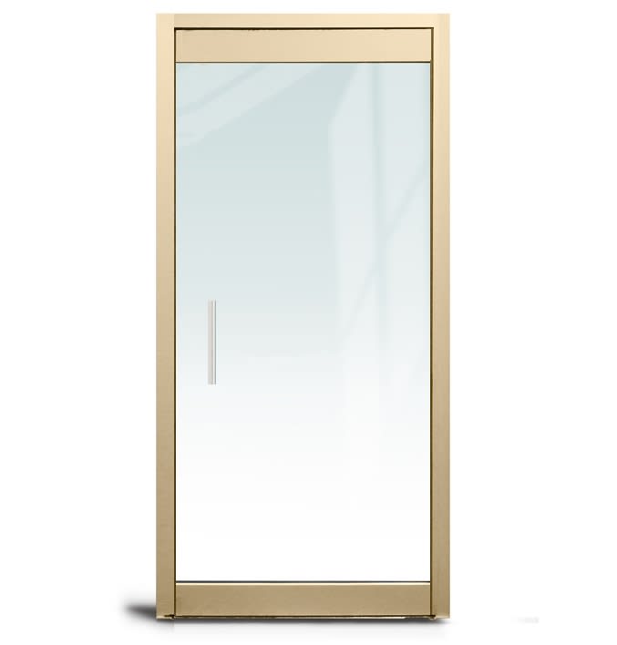 Herc-Lite Herculite "P" Left Hand 36 in. x 84 in. Glass Door, 4 in. Tapered Door Rails, Accepts 1/2 in. Glass (Glass Not Included), 1-3/4 in. x 4 in. Frame With Jambs, Concealed Closer, 12 in. Handles, and Lock, Satin Brass Finish