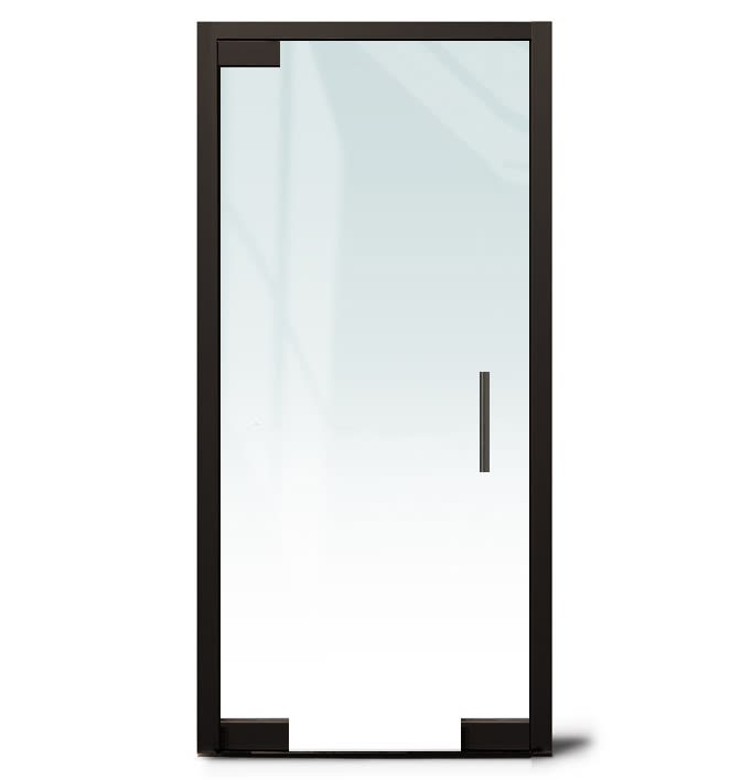 "F" Right Hand 36 in. x 84 in. Glass Door, 4 in. x 9-1/2 in. Square Patch Corners Accepts 1/2 in. Glass (Glass Not Included), 1-3/4 in. x 4 in. Frame With Jambs, Concealed Closer, 12 in. Handles, and Lock, Dark Bronze Anodized Finish