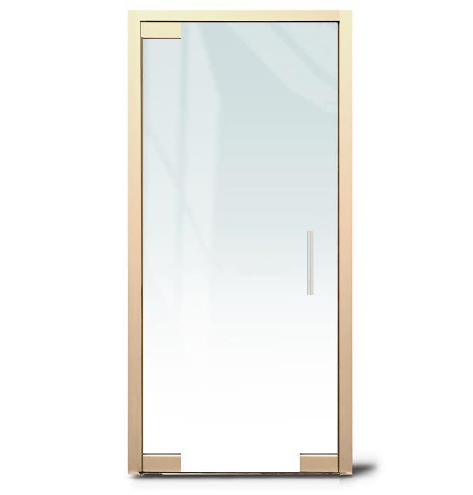 "F" Right Hand 36 in. x 84 in. Glass Door, 4 in. x 9-1/2 in. Square Patch Corners Accepts 1/2 in. Glass (Glass Not Included), 1-3/4 in. x 4 in. Frame With Jambs, Concealed Closer, 12 in. Handles, and Lock, Polished Brass Finish