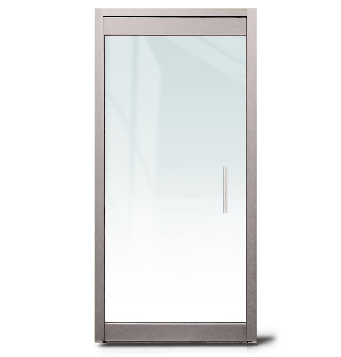 "P" Right Hand 36 in. x 84 in. Glass Door, 4 in. Tapered Door Rails, Accepts 1/2 in. Glass (Glass Not Included), 1-3/4 in. x 4 in. Frame With Jambs, Concealed Closer, 12 in. Handles, and Lock, Brushed Stainless Steel Finish