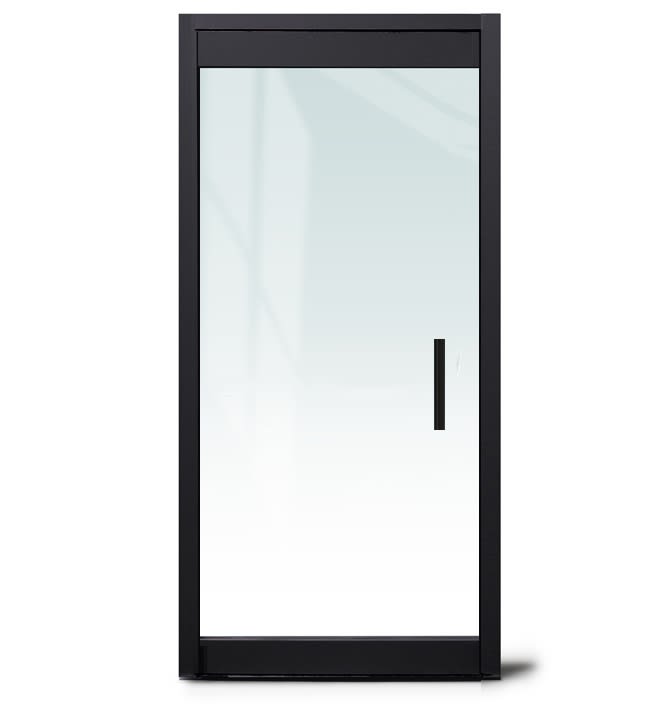 "P" Right Hand 36 in. x 84 in. Glass Door, 4 in. Tapered Door Rails, Accepts 1/2 in. Glass (Glass Not Included), 1-3/4 in. x 4 in. Frame With Jambs, Concealed Closer, 12 in. Handles, and Lock, Matte Black Finish