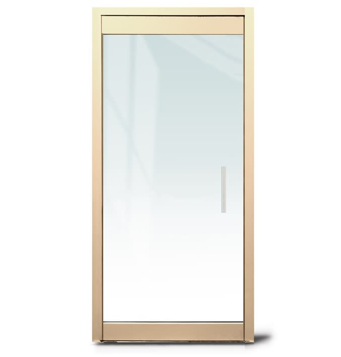 Herc-Lite Herculite "P" Right Hand 36 in. x 84 in. Glass Door, 4 in. Tapered Door Rails, Accepts 1/2 in. Glass (Glass Not Included), 1-3/4 in. x 4 in. Frame With Jambs, Concealed Closer, 12 in. Handles, and Lock, Polished Brass Finish