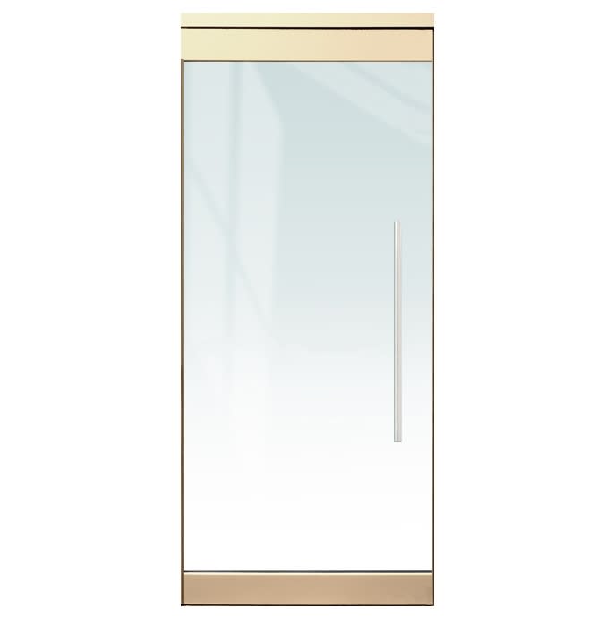 "P" Single Glass Door, 4 in. Square Top and Bottom Rails, Accepts 1/2 in. Glass (Glass Not Included), 1-3/4 in. x 4 in. x 36 in. Frame Head, Concealed Closer, 24 in. Back To Back Ladder Pull, and Lock, Polished Brass Finish