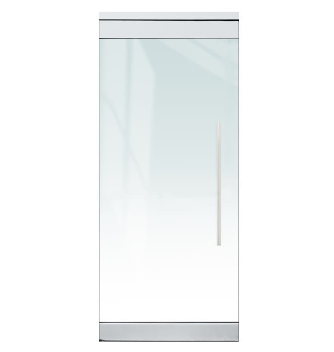 "P" Single Glass Door, 4 in. Square Top and Bottom Rails, Accepts 1/2 in. Glass (Glass Not Included), 1-3/4 in. x 4 in. x 36 in. Frame Head, Concealed Closer, 24 in. Back To Back Ladder Pull, and Lock, Polished Stainless Finish
