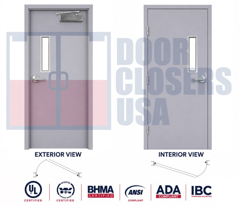 Exterior Hollow Metal Door & Frame Package with Narrow Lite Tempered Glass Window - 36" x 84" Commercial Steel Door, Right Hand