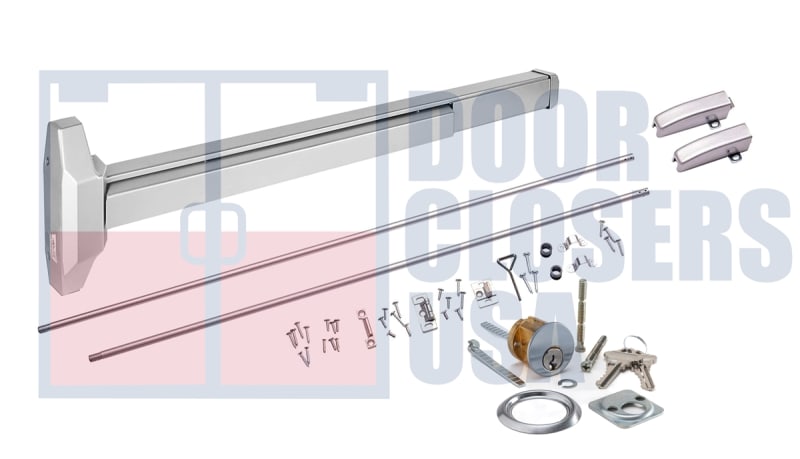 International Door Closers 5630S-4884-426-US28 Narrow Stile Surface Vertical Rod Panic Hardware With Outside Lock Cylinder For 48 in. Wide x 84 in. Tall Door, US28 Finish