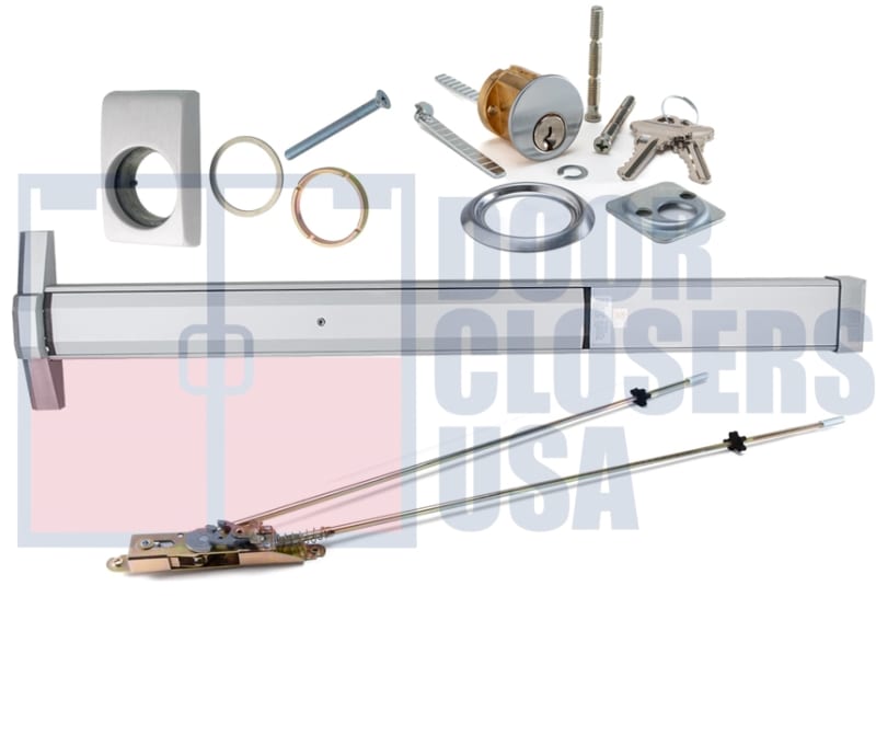 International Door Closers 7101-G1-CZ-3684-AL Narrow Stile Concealed Vertical Rod Panic Hardware With Cylinder For 36 in. Wide x 84 in. Tall Door, Aluminum Finish