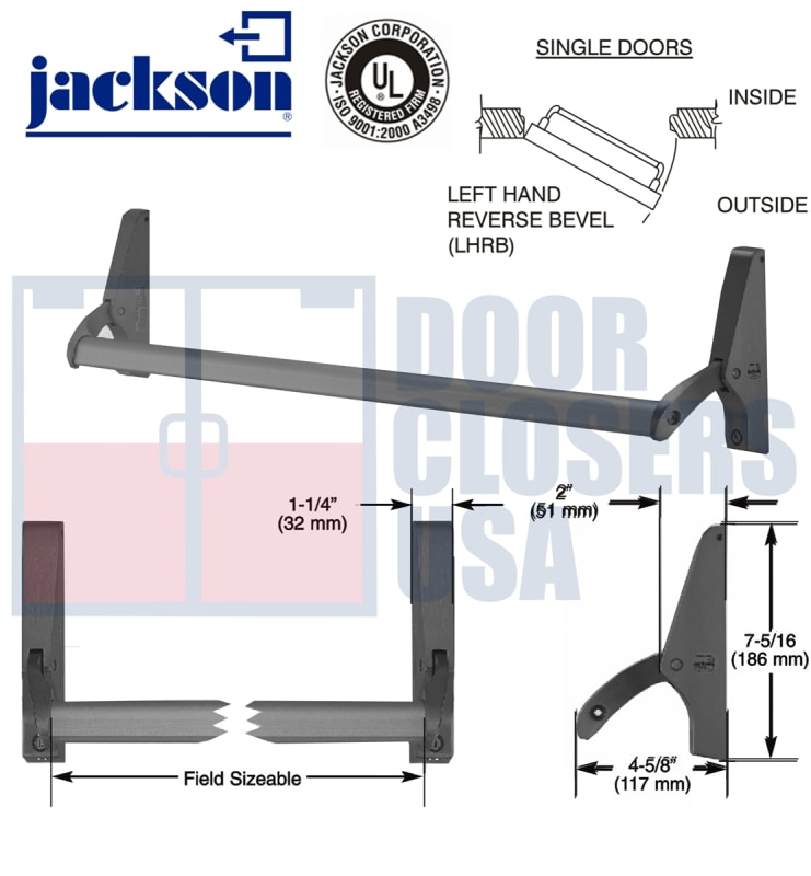 Jackson Cross Bar Rim Panic Exit Hardware With Dogging, For Single Door Applications Up To 48" Wide, Left Hand Reverse, Dark Bronze Finish Jackson Cross Bar Rim Panic Exit Hardware With Dogging, For Single Door Applications Up To 48" Wide, Left Hand Reverse, Dark Bronze Finish