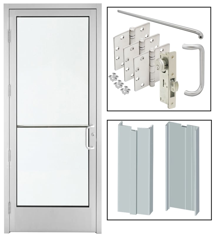 36 in. x 84 in. (3080) Right Hand Commercial ADA Interior Storefront Glass Door, 1/4 in. Tempered Clear Glass, Wrap Around Drywall Frame, Push / Pull Set, and Hardware, Clear Anodized