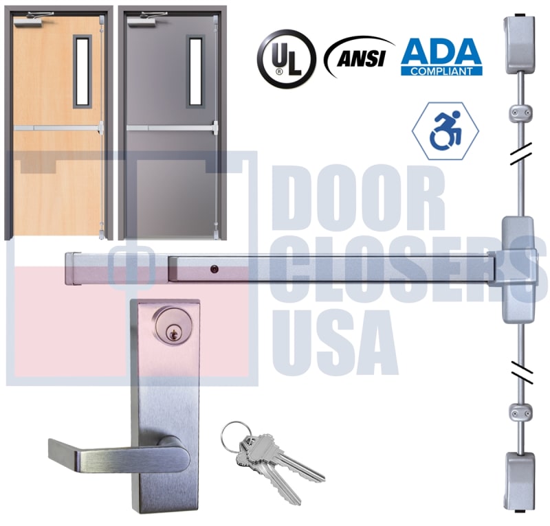 Phoenix Titan 44 Series Surface Vertical Rod Exit Device W/ HD Escutcheon Lever - Model 4427EO-4884-44L-ALUM - For 40" To 48" Wide x 84" Tall Hollow Metal or Wood Doors - Aluminum Finish - Grade 1