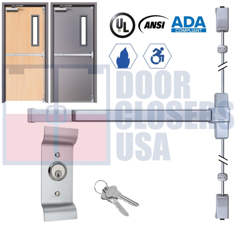 Phoenix Titan 44 Series Fire Rated Surface Vertical Rod Exit Device W/ Outside Pull Handle and Lock Cylinder - Model 4427EO-F-3696-44BP-ALUM - For 28" To 36" Wide x 96" Tall Hollow Metal or Wood Fire Doors - Aluminum Finish - Grade 1 - UL Listed Phoenix Titan 44 Series Fire Rated Surface Vertical Rod Exit Device W/ Outside Pull Handle and Lock Cylinder - Model 4427EO-F-3696-44BP-ALUM - For 28" To 36" Wide x 96" Tall Hollow Metal or Wood Fire Doors - Aluminum Finish - Grade 1 - UL Listed