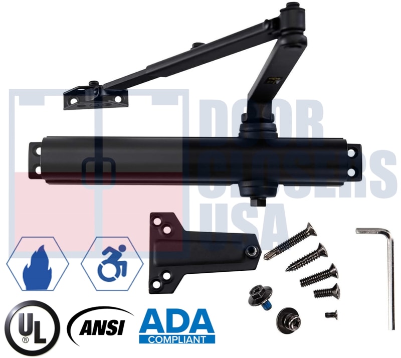 Phoenix 816 Series Grade 1 Door Closer - Black Finish - Adjustable Power 1-6, Backcheck, Tri-Packed, ADA & UL 10C Compliant