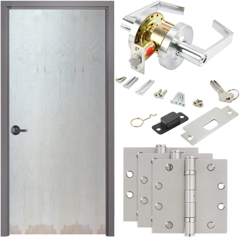 Door Closers USA WD Series 36 in. x 80 in. Interior Right Hand Commercial Wood Door and 16 Gauge Steel Primer Gray Wrap Around Knock Down Drywall Frame, Unfinished Rotary Natural Birch (Stain Ready), Solid Core, Includes Lever and Hardware
