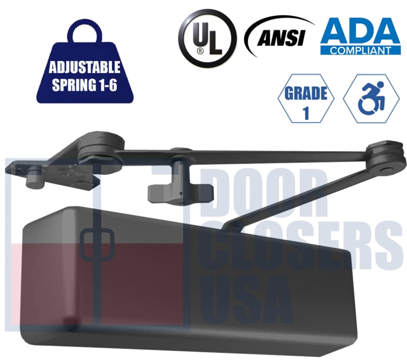 R7483 5 in. x 2-1/4 in. Door Closer - Adjustable Spring Size 1-6, Grade 1 ADA Compliant, Aluminum Alloy Body with Cushion Stop Hold Open Arm (HOA/CNS), Parallel Arm Mount Only, Duronotic Finish (DU)
