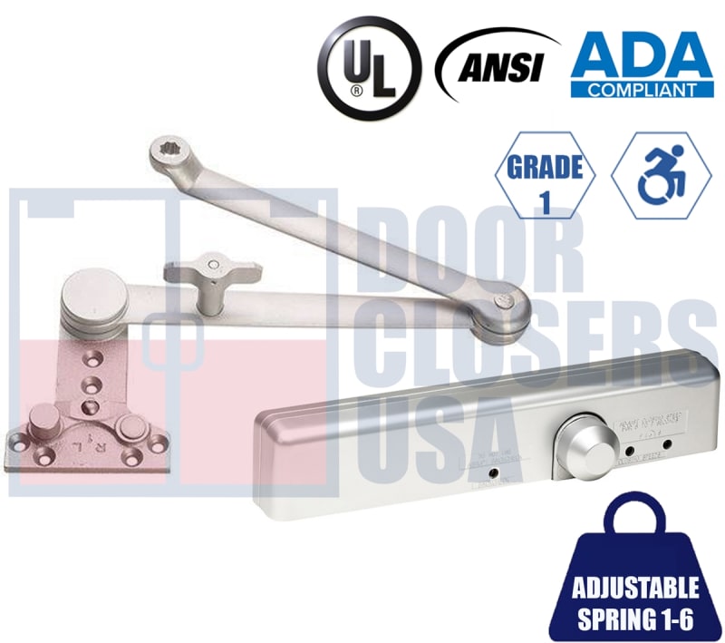 R7483 7-1/2 in. x 1 in. Door Closer - Adjustable Spring Size 1-6, Grade 1 ADA Compliant, Aluminum Alloy Body with Cushion Stop Hold Open Arm (CNS), Parallel Arm Mount Only, Aluminum Finish (AL)