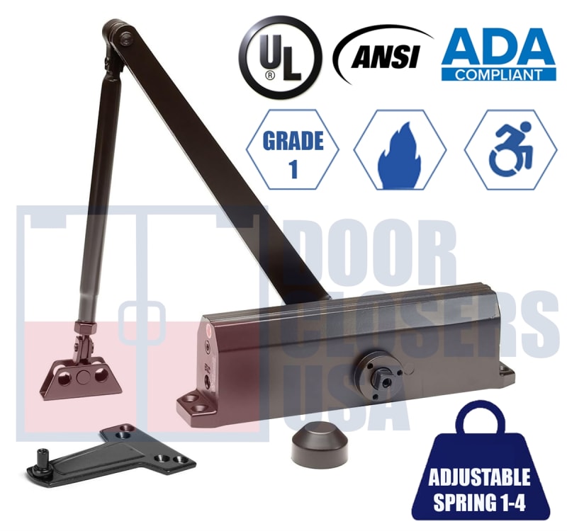 R7483 9-1/16 in. x 3/4 in. Commercial Door Closer With Adjustable Spring Size 1-4, Closing and Latch Speed Adjustment, and Backcheck Feature, Dark Bronze Finish R7483 9-1/16 in. x 3/4 in. Commercial Door Closer With Adjustable Spring Size 1-4, Closing and Latch Speed Adjustment, and Backcheck Feature, Dark Bronze Finish