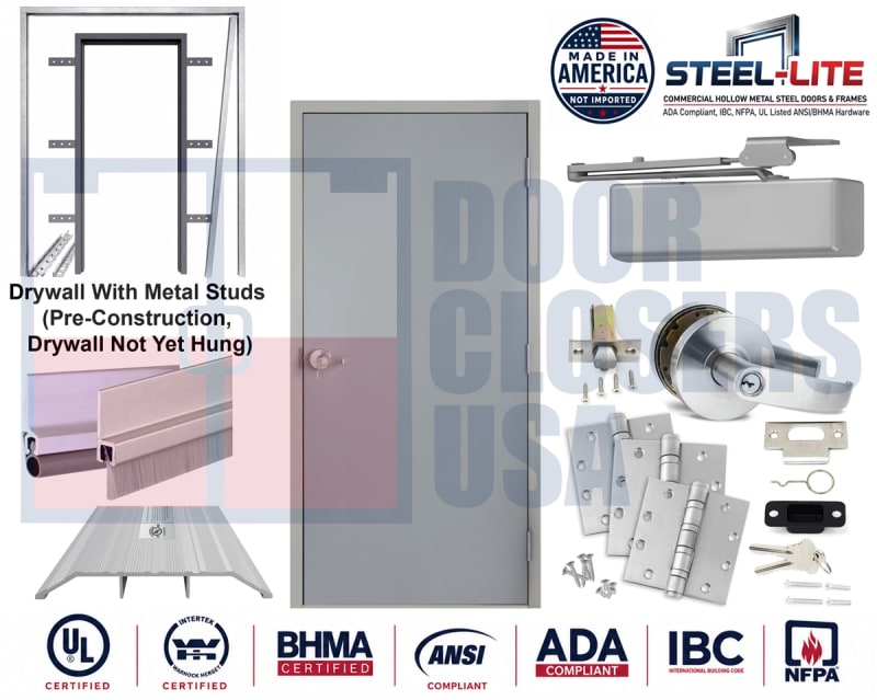 36" x 84" ADA Building Code Compliant 18 Gauge Steel Door, Right Hand Reverse, 16 Gauge Knock Down Frame For Pre-Construction Metal Stud Wall (Drywall Not Yet Hung), ANSI and BHMA Compliant Silver Hardware, Made In USA (3-4 Week Production)