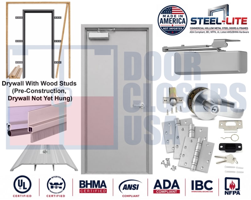 36" x 84" ADA Building Code Compliant 18 Gauge Steel Door, Left Hand, 16 Gauge Knock Down Frame For Pre-Construction Wood Stud Wall (Drywall Not Yet Hung), ANSI and BHMA Compliant Silver Hardware, Made In USA (3-4 Week Production)
