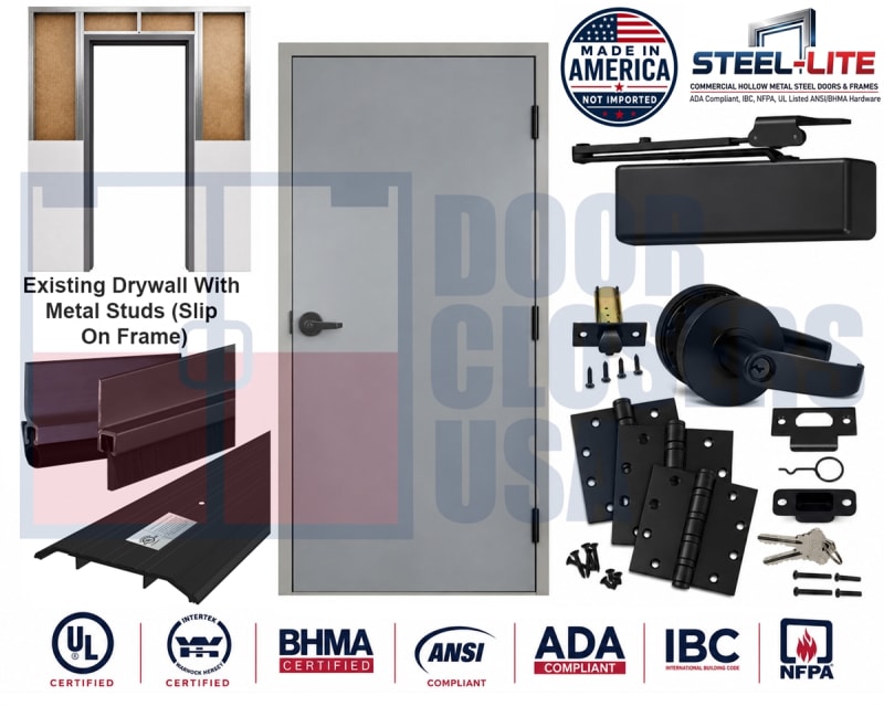 36" x 84" ADA Building Code Compliant 18 Gauge Steel Door, Right Hand Reverse, 16 Gauge Knock Down Frame For Existing Metal Stud Wall With Drywall, ANSI and BHMA Compliant Black Hardware, Made In USA (3-4 Week Production)