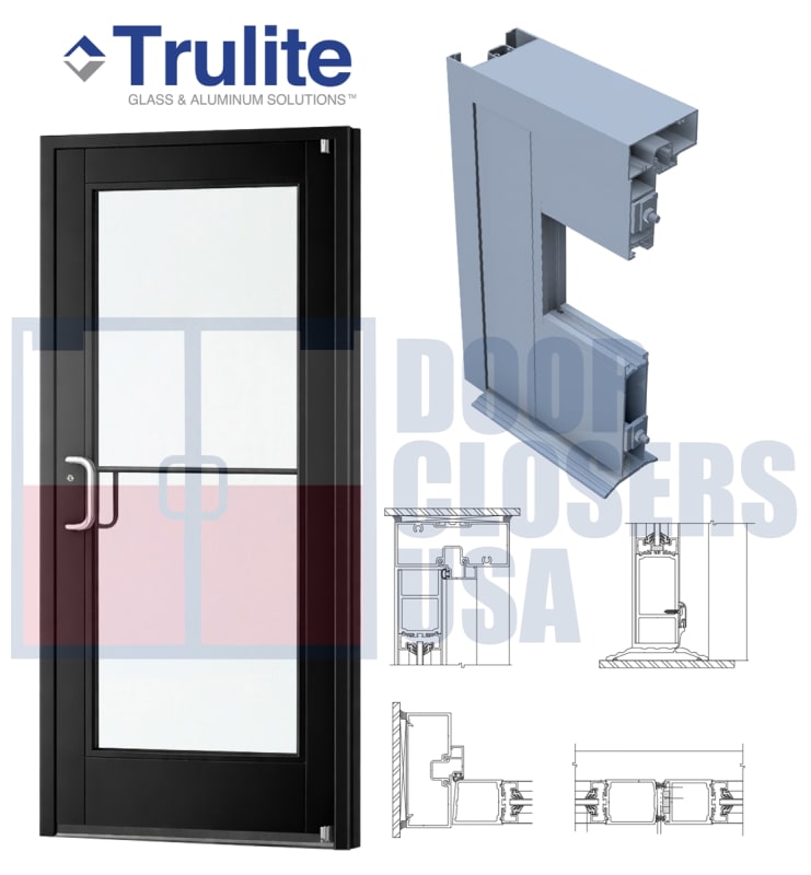 Trulite 300 Series Medium Stile Commercial Glass Entry Door 36" x 84" Left Hand - Black Anodized Aluminum - 1/4" Tempered Glass (Ships Separately - Field Glazed) - ADA Entrance Door with Frame & Grade 1 Hardware (3-4 Week Production Time)