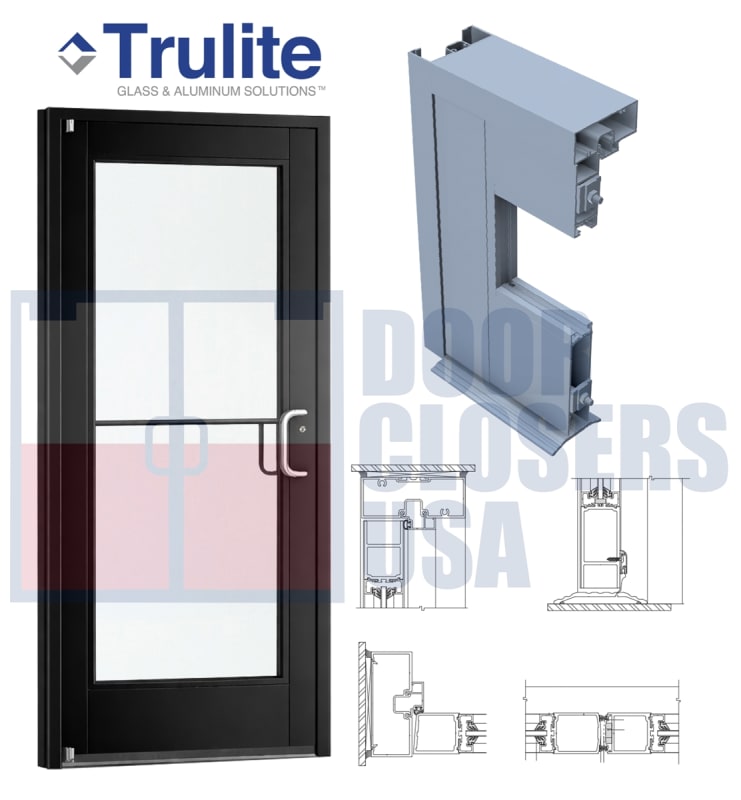 Trulite 300 Series Medium Stile Commercial Glass Entry Door 36" x 84" Right Hand - Black Anodized Aluminum - 1/4" Tempered Glass (Ships Separately - Field Glazed) - ADA Entrance Door with Frame & Grade 1 Hardware (3-4 Week Production Time)