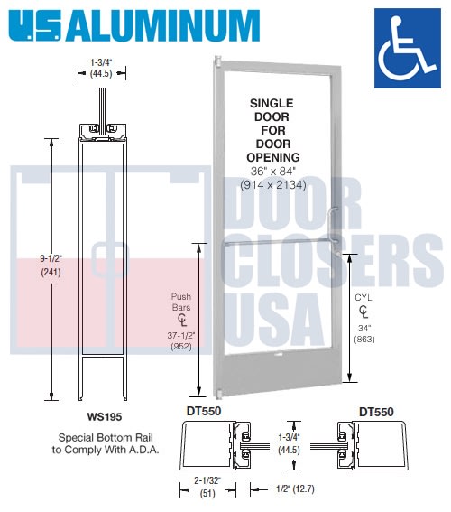 US Aluminum 250 Series Storefront Door - HLSO - 36" x 84" - Clear Anodized