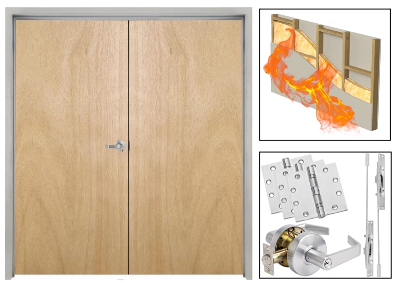 20 Minute Fire Rated Interior Commercial Wood Double Door and Frame, 72 in. x 84 in. Left Hand Active, Solid Core Unfinished Birch Veneer (Stain Ready), Includes Lever and Hardware