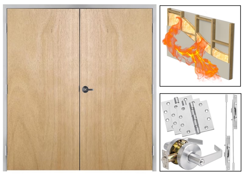 20 Minute Fire Rated Interior Commercial Wood Double Door and Frame, 72 in. x 84 in. Right Hand Reverse Active, Solid Core Unfinished Birch Veneer (Stain Ready), Includes Lever and Hardware