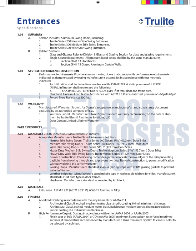 Trulite Aluminum Entrances Specifications